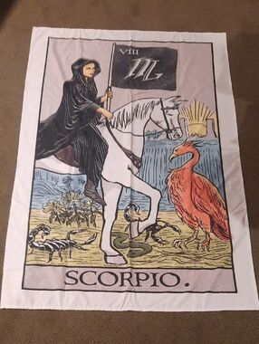 Scorpio Tarot Art Tapestry - White Background with Multicolor Print